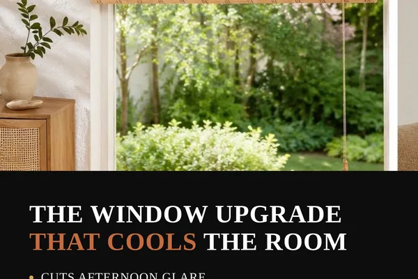 Natural bamboo chick blinds half-rolled over a tall window with a garden view, in a soft modern Indian living room with cane cabinet and plants.
