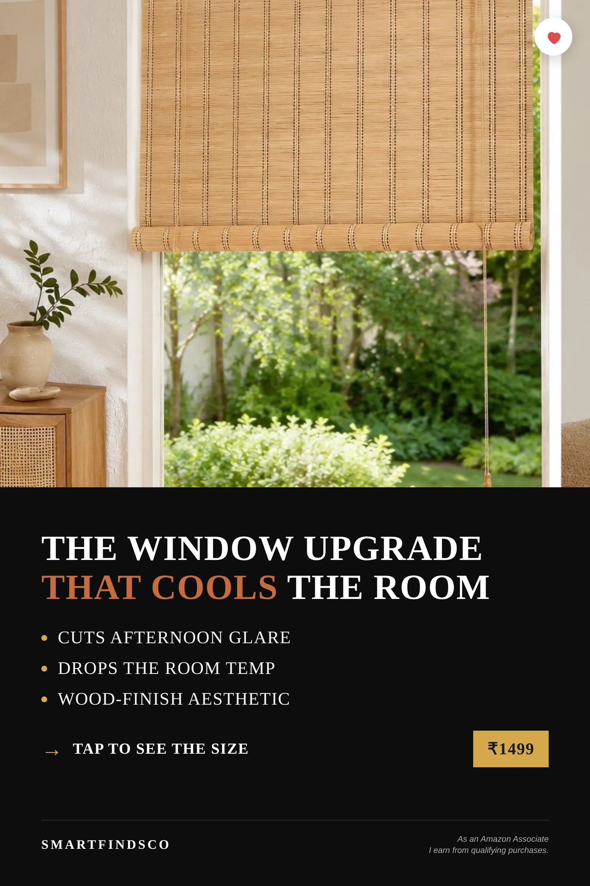 Natural bamboo chick blinds half-rolled over a tall window with a garden view, in a soft modern Indian living room with cane cabinet and plants.