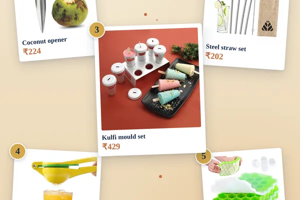 Polaroid moodboard of five summer kitchen tools — coconut opener, steel straws, kulfi mould set, lemon squeezer, honeycomb ice cube tray — on a warm cream background.