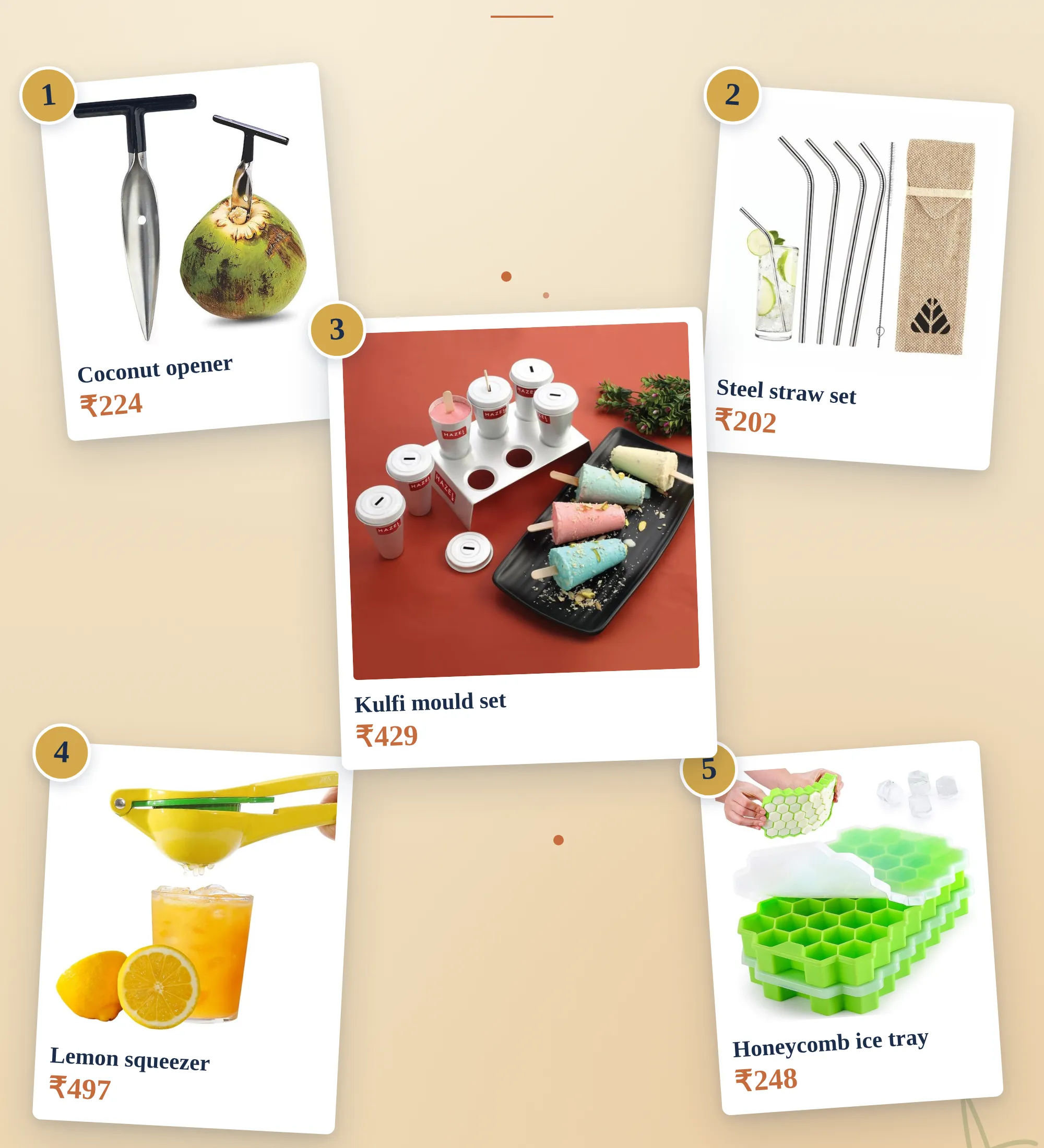 Polaroid moodboard of five summer kitchen tools — coconut opener, steel straws, kulfi mould set, lemon squeezer, honeycomb ice cube tray — on a warm cream background.