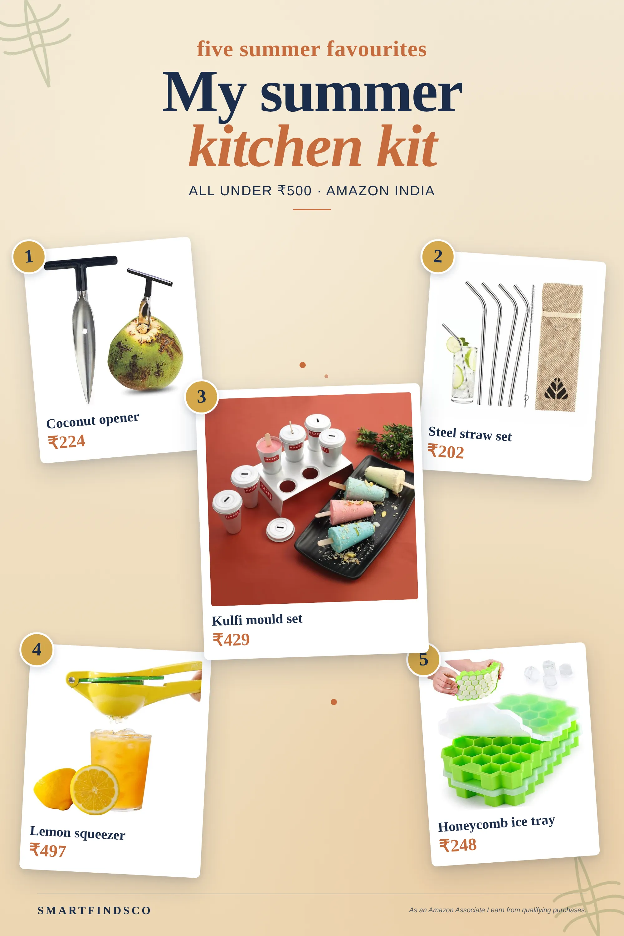 Polaroid moodboard of five summer kitchen tools — coconut opener, steel straws, kulfi mould set, lemon squeezer, honeycomb ice cube tray — on a warm cream background.