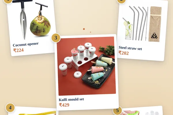 Polaroid moodboard of five summer kitchen tools — coconut opener, steel straws, kulfi mould set, lemon squeezer, honeycomb ice cube tray — on a warm cream background.